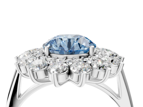 White gold Fancy Blue Round Cut Halo Cluster Diamond Ring with Pave Band and Four-Prong Setting_16