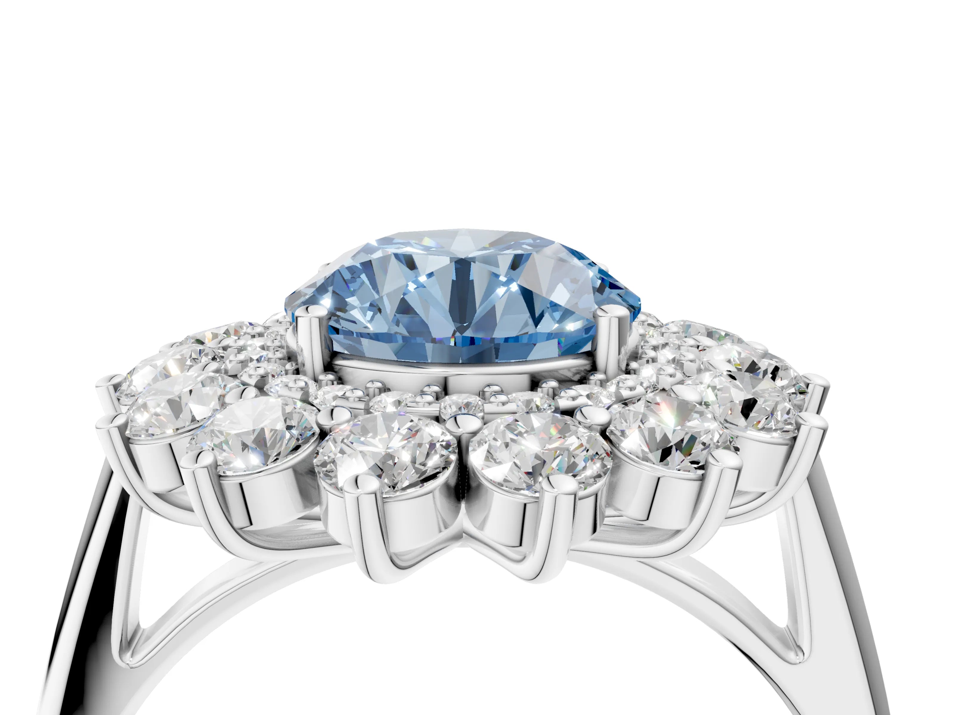 White gold Fancy Blue Round Cut Halo Cluster Diamond Ring with Pave Band and Four-Prong Setting_16
