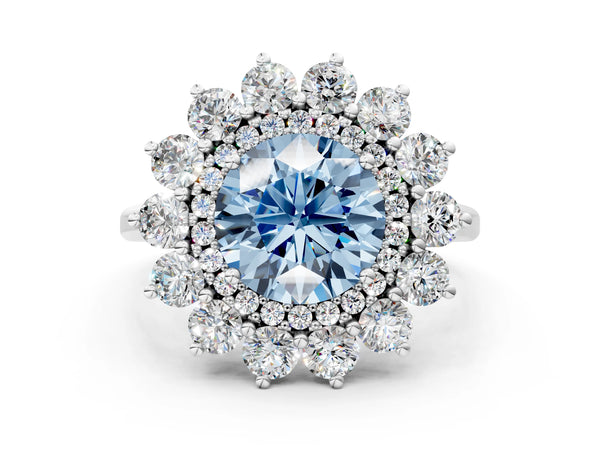 White gold Fancy Blue Round Cut Halo Cluster Diamond Ring with Pave Band and Four-Prong Setting