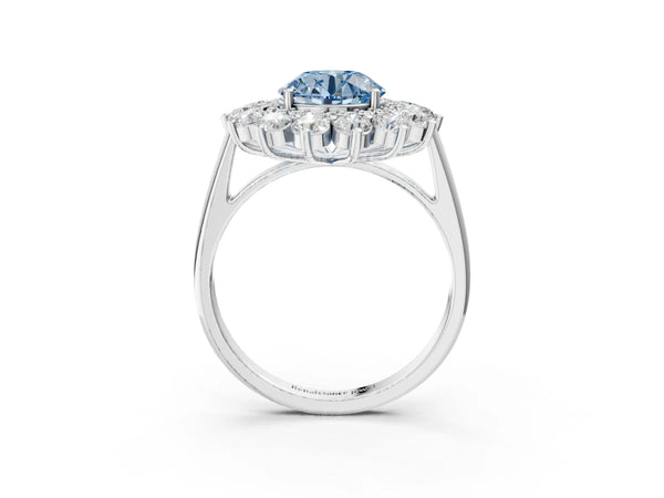 White gold Fancy Blue Round Cut Halo Cluster Diamond Ring with Pave Band and Four-Prong Setting