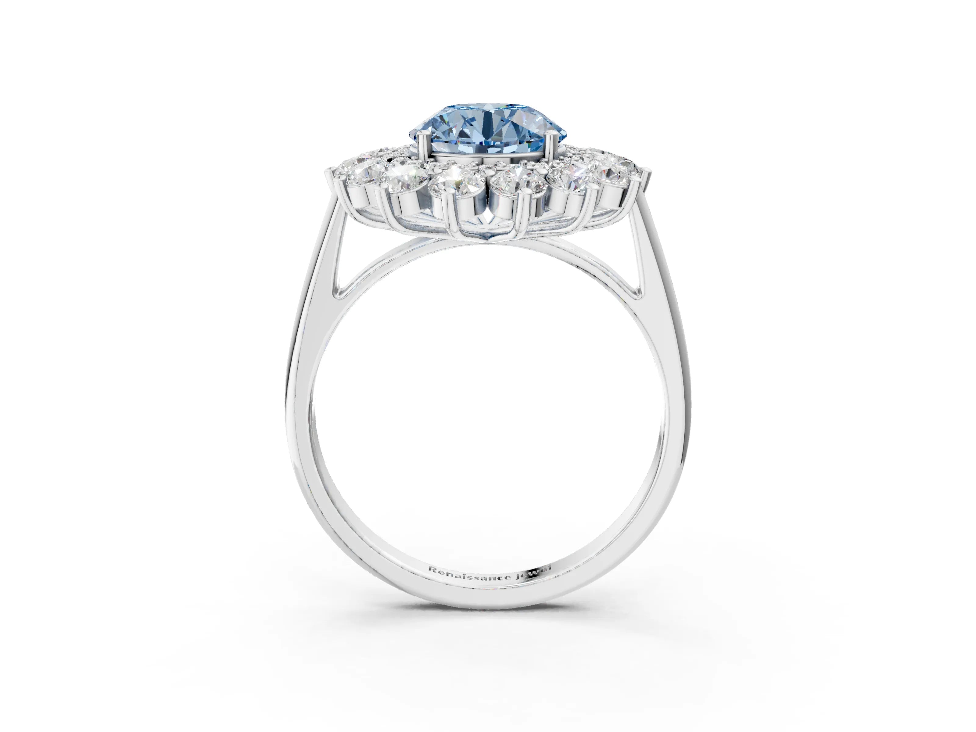 White gold Fancy Blue Round Cut Halo Cluster Diamond Ring with Pave Band and Four-Prong Setting_21
