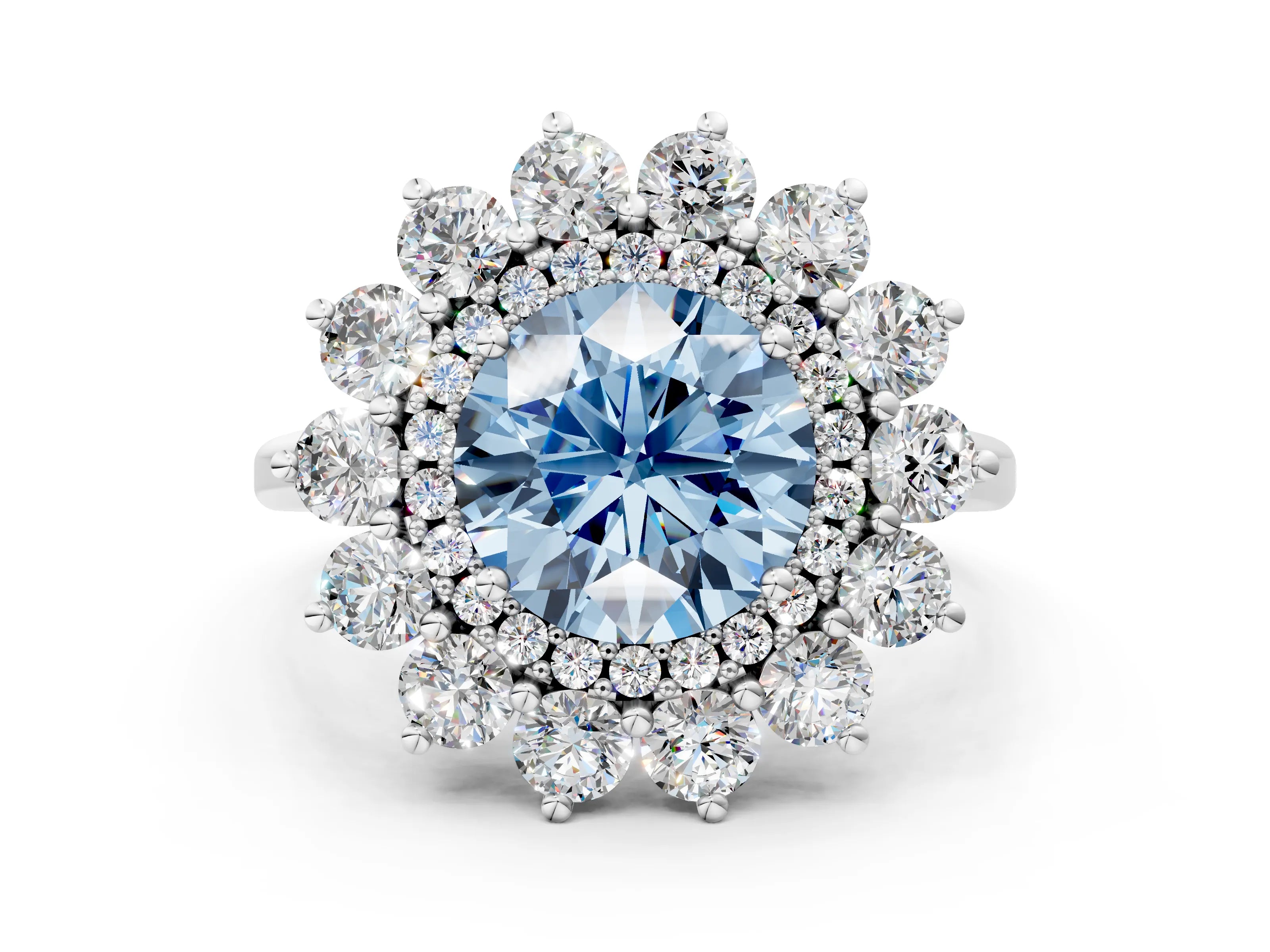 White gold Fancy Blue Round Cut Halo Cluster Diamond Ring with Pave Band and Four-Prong Setting_23