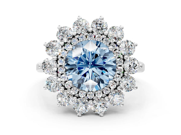 White gold Fancy Blue Round Cut Halo Cluster Diamond Ring with Pave Band and Four-Prong Setting