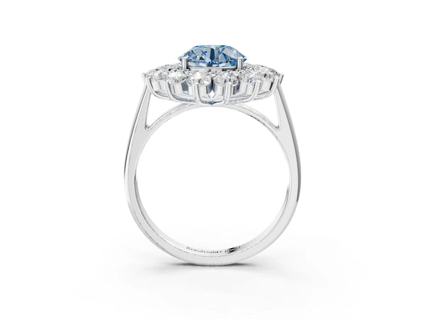 White gold Fancy Blue Round Cut Halo Cluster Diamond Ring with Pave Band and Four-Prong Setting