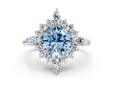White gold Fancy Blue Round Cut Halo Diamond Cluster Ring with Marquise and Round Stones on a White Gold Band with Prong Setting