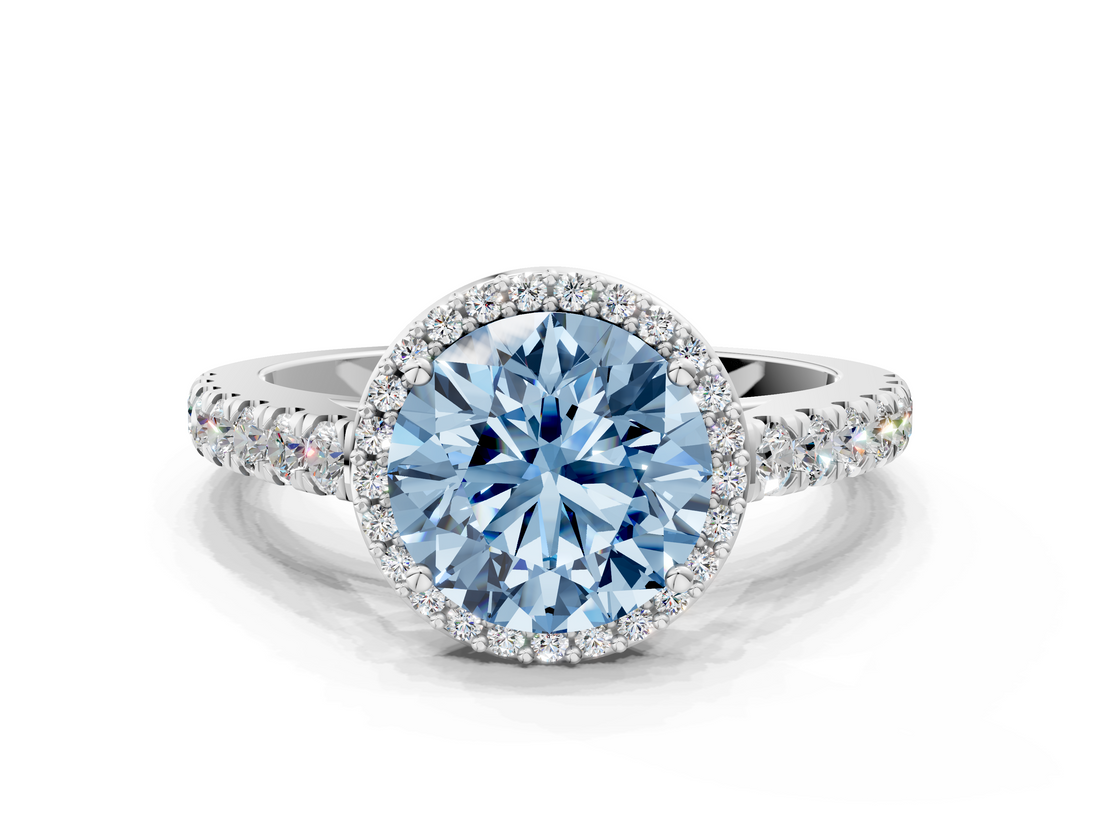 White gold Fancy Blue Round  Cut Halo Diamond Engagement Ring with Pave Band and Four-Prong Setting_28