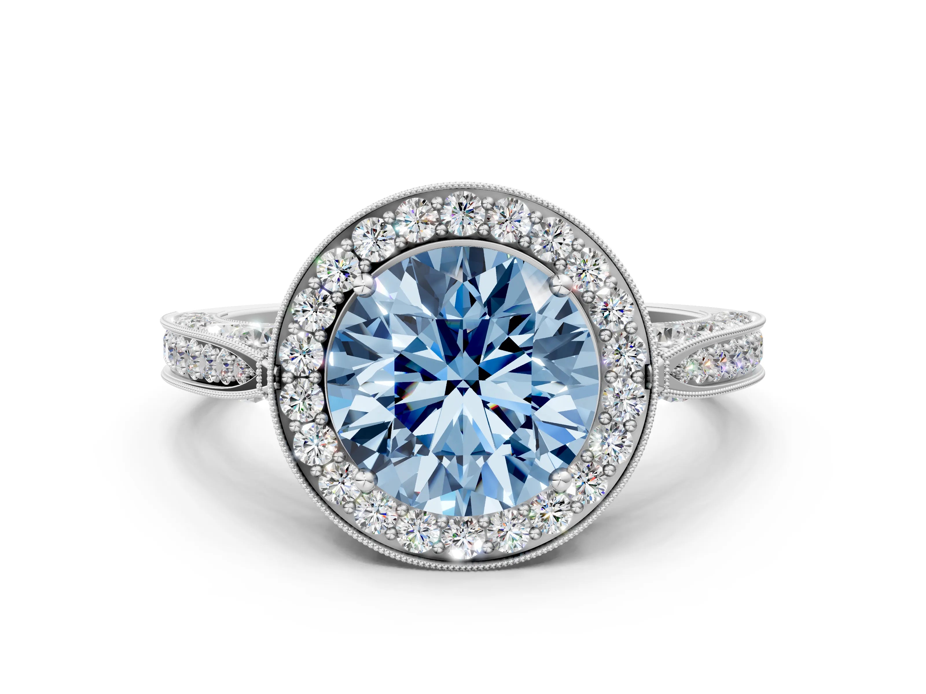 White gold Fancy Blue Round Cut Halo Diamond Engagement Ring with Split Shank Band and Four-Prong Setting_12