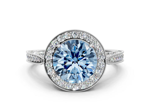 White gold Fancy Blue Round Cut Halo Diamond Engagement Ring with Split Shank Band and Four-Prong Setting_12