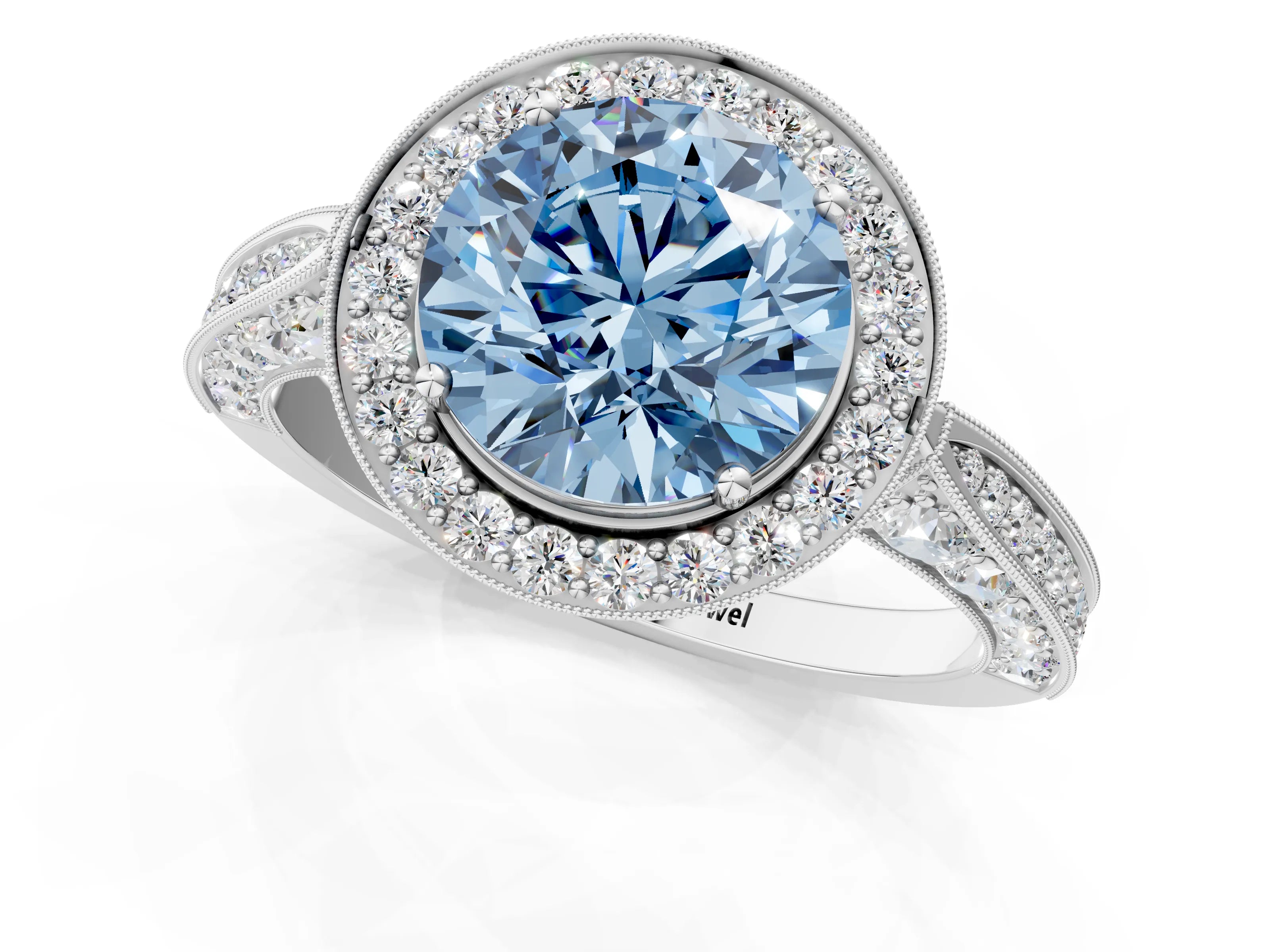 White gold Fancy Blue Round Cut Halo Diamond Engagement Ring with Split Shank Band and Four-Prong Setting_13
