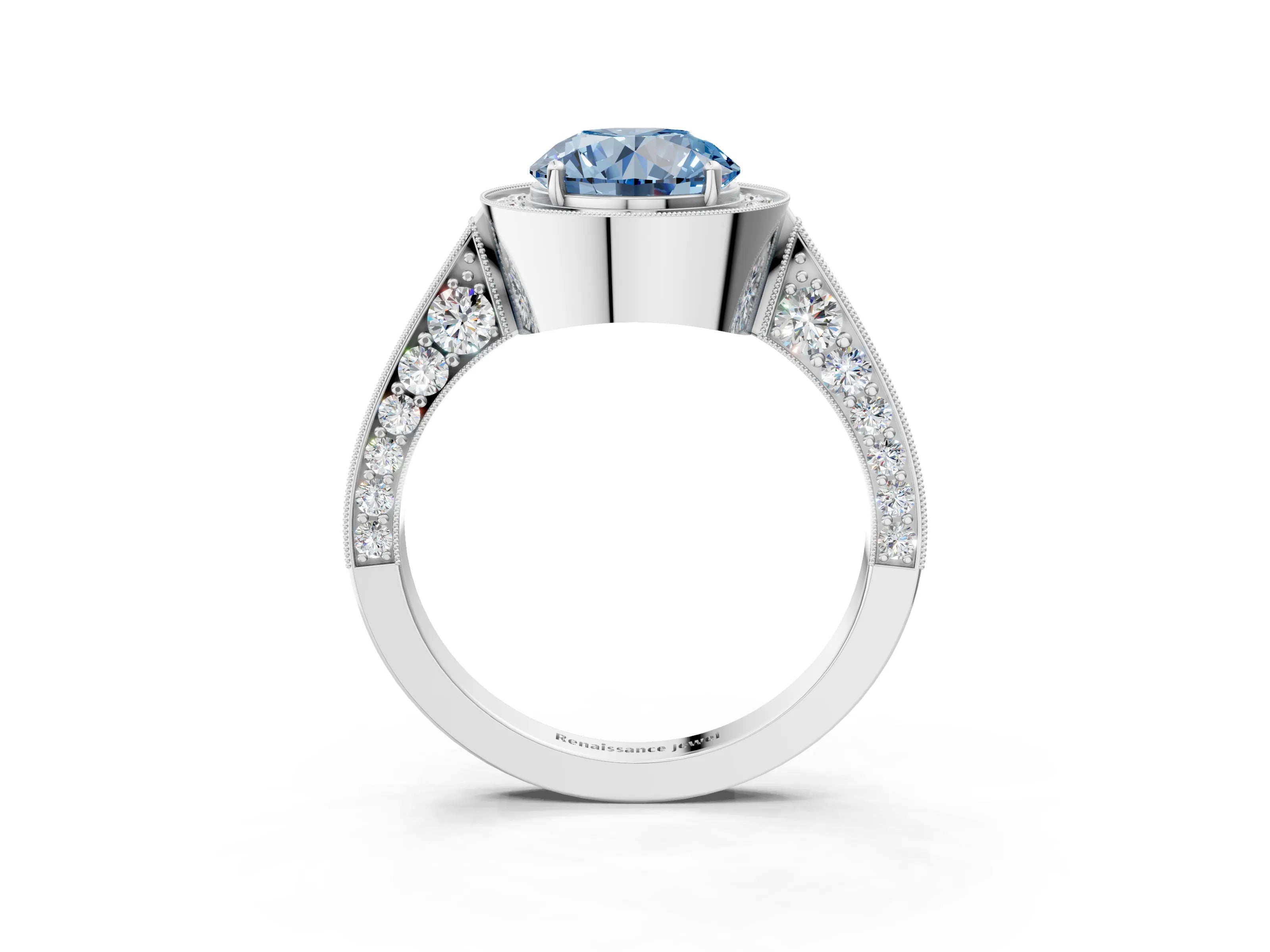 White gold Fancy Blue Round Cut Halo Diamond Engagement Ring with Split Shank Band and Four-Prong Setting_15