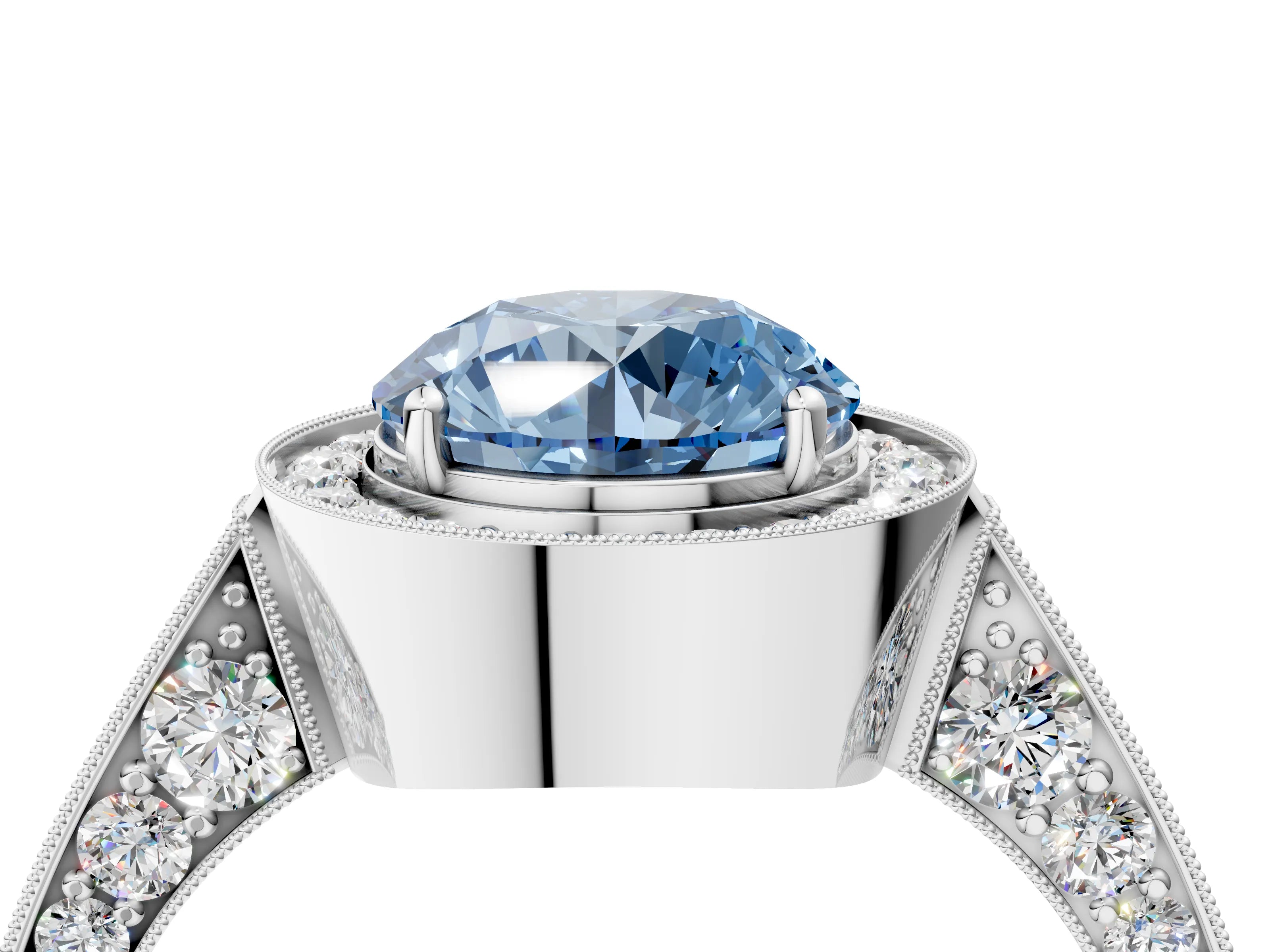 White gold Fancy Blue Round Cut Halo Diamond Engagement Ring with Split Shank Band and Four-Prong Setting_16