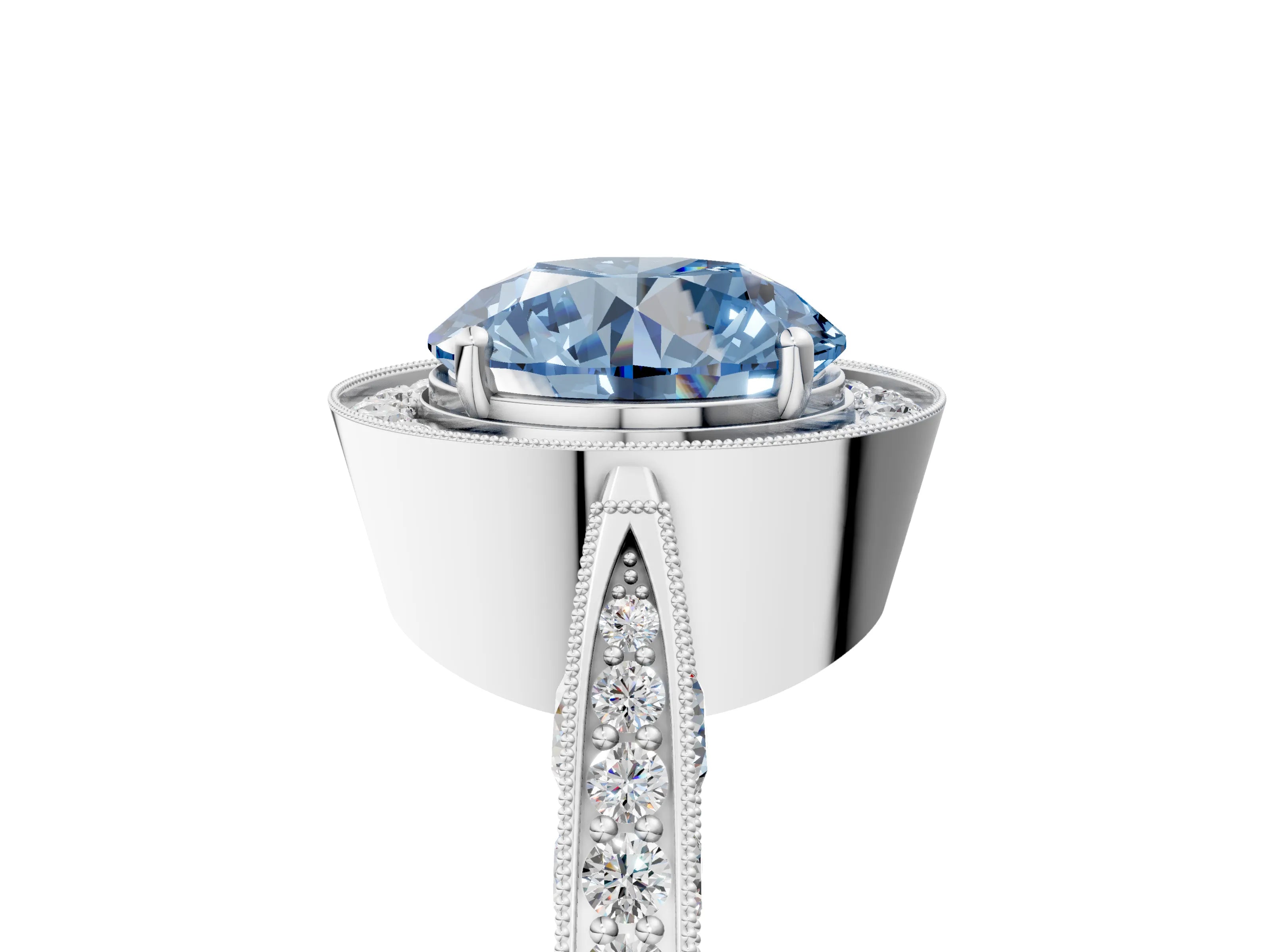 White gold Fancy Blue Round Cut Halo Diamond Engagement Ring with Split Shank Band and Four-Prong Setting_17