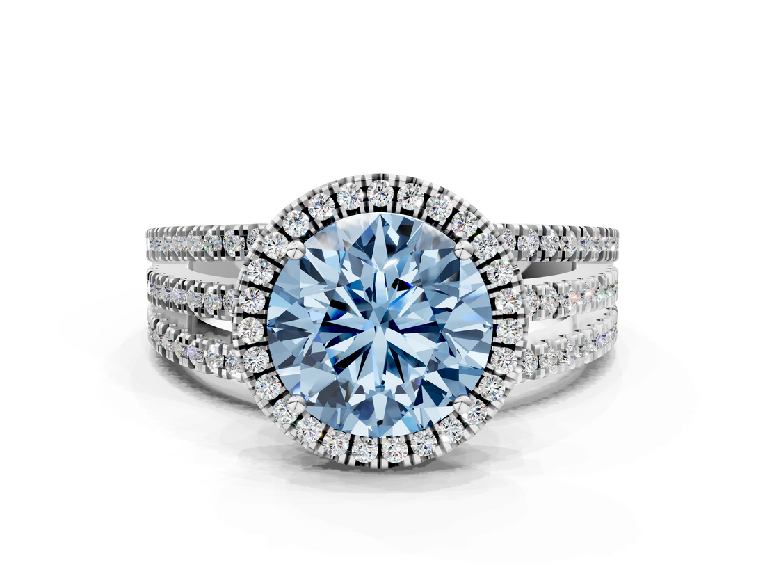 White gold Fancy Blue Round  Cut Halo Diamond Engagement Ring with Split Shank and Four-Prong Setting_20