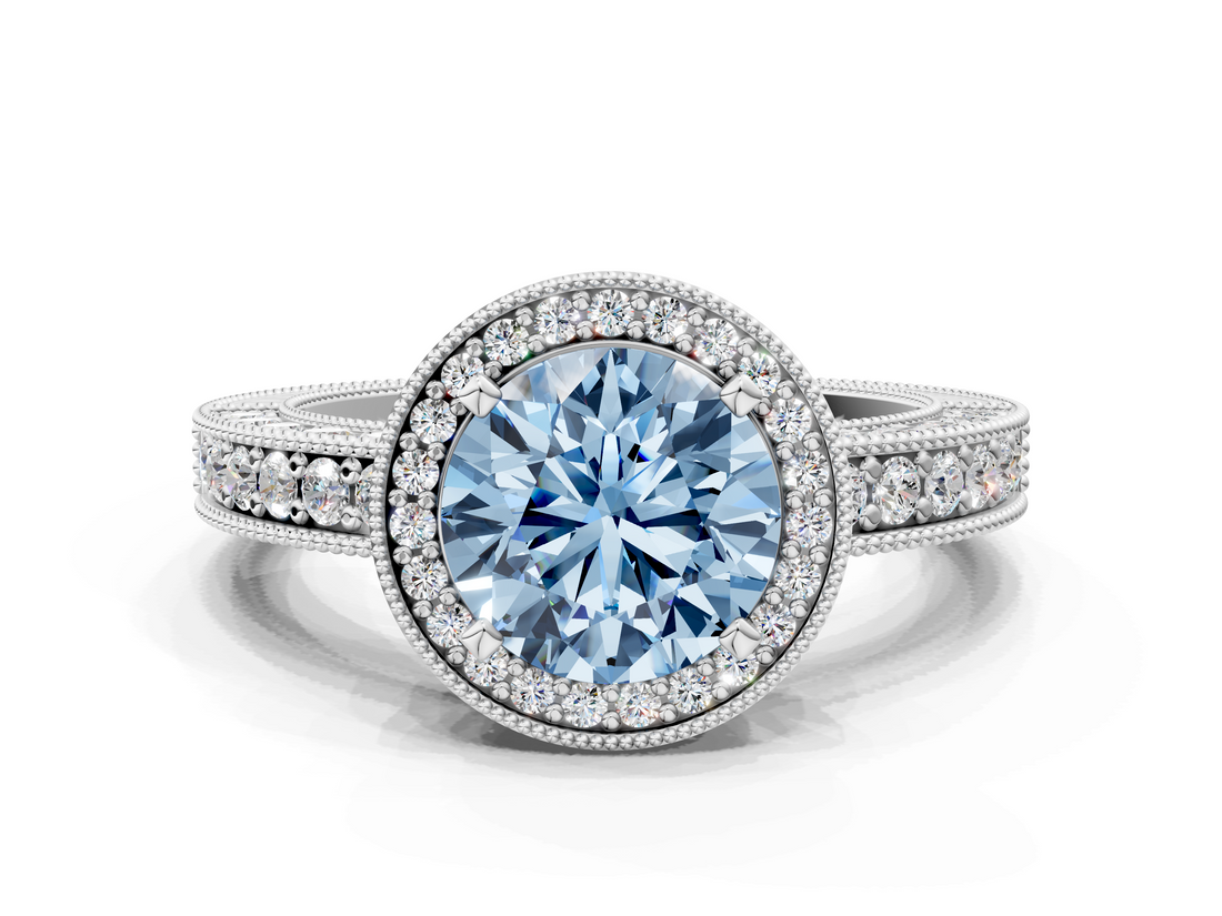 White gold Fancy Blue Round  Cut Halo Diamond Pave Band Ring with Four-Prong Setting_45
