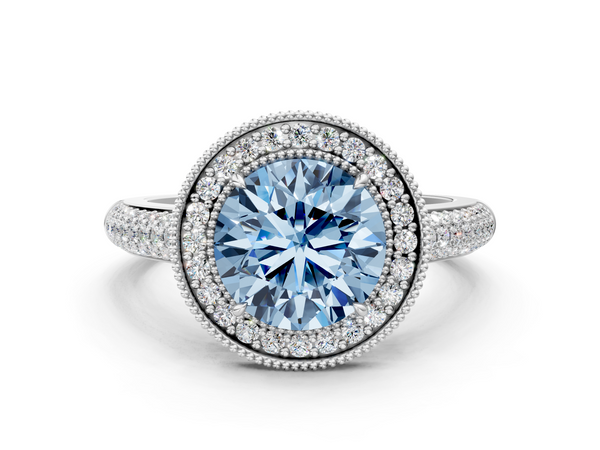 Platinum Fancy Blue Round  Cut Halo Diamond Pave Band with Four-Prong Setting