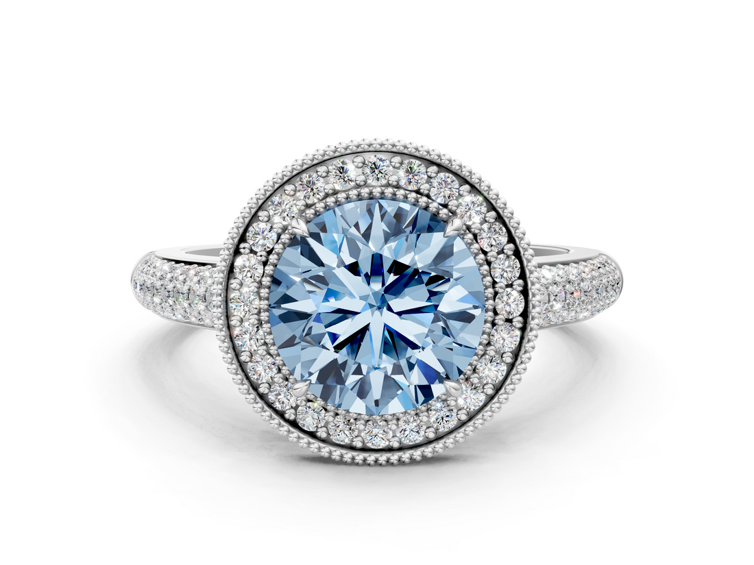 White gold Fancy Blue Round  Cut Halo Diamond Pave Band with Four-Prong Setting_37
