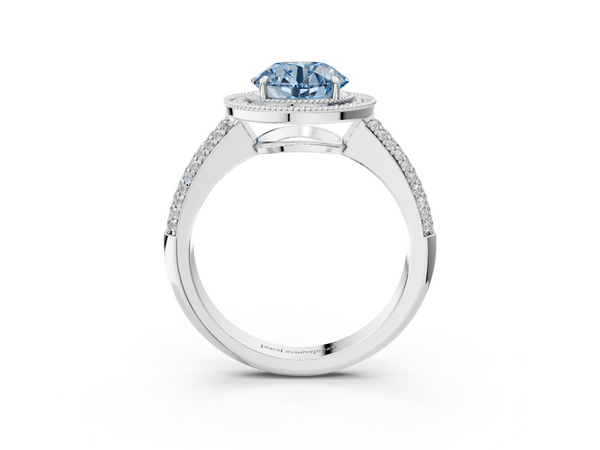 Platinum Fancy Blue Round  Cut Halo Diamond Pave Band with Four-Prong Setting