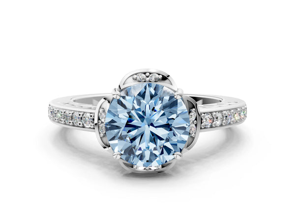 Platinum Fancy Blue Round  Cut Halo Diamond Ring with Channel Set Band and Four-Prong Setting