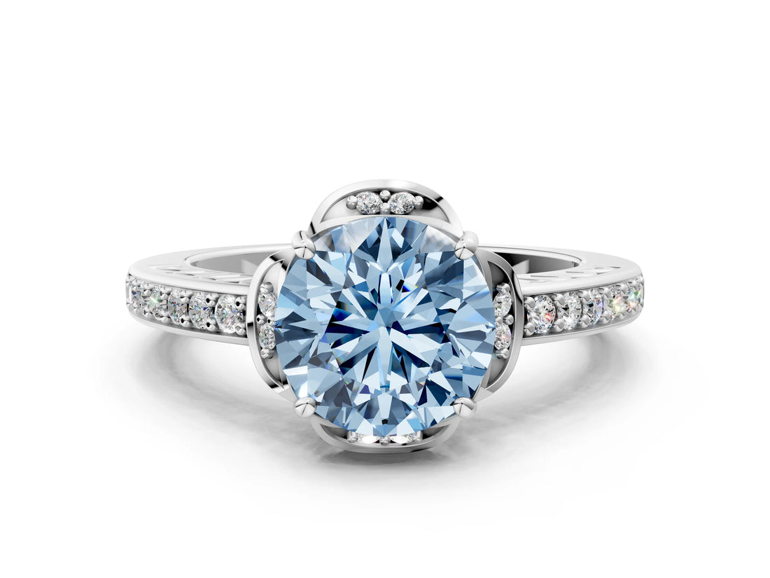 White gold Fancy Blue Round  Cut Halo Diamond Ring with Channel Set Band and Four-Prong Setting_32