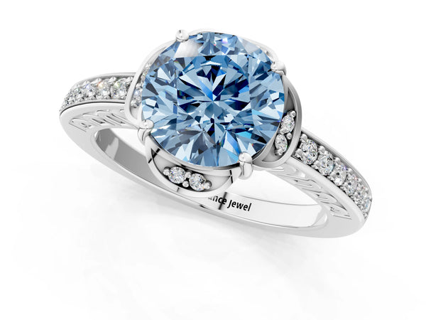 Platinum Fancy Blue Round  Cut Halo Diamond Ring with Channel Set Band and Four-Prong Setting