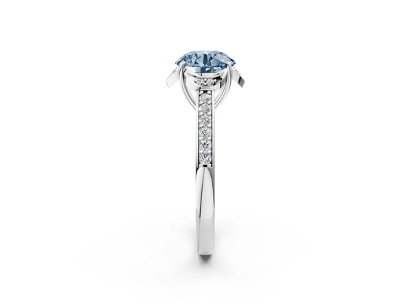 Platinum Fancy Blue Round  Cut Halo Diamond Ring with Channel Set Band and Four-Prong Setting