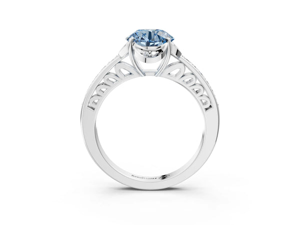 Platinum Fancy Blue Round  Cut Halo Diamond Ring with Channel Set Band and Four-Prong Setting
