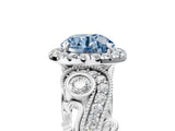 White gold Fancy Blue Round Cut Halo Diamond Ring with Milgrain and Bezel Accents on a Split Shank Band_11