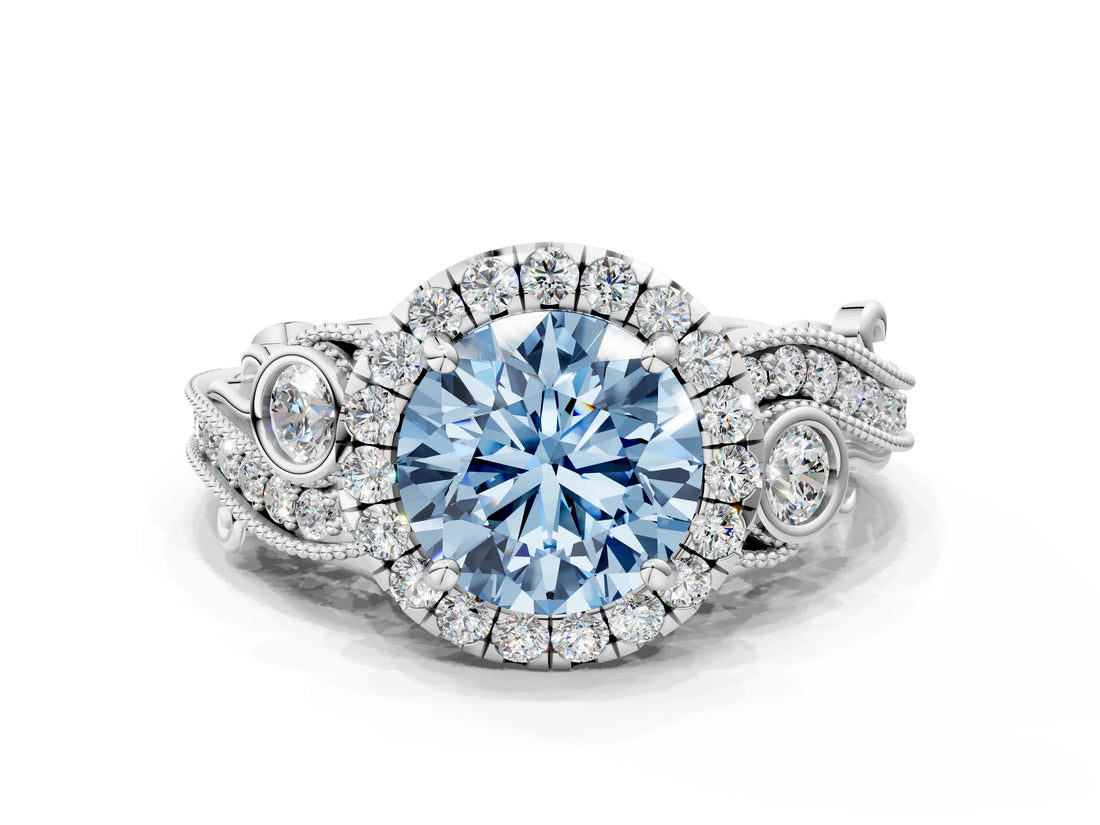 White gold Fancy Blue Round Cut Halo Diamond Ring with Milgrain and Bezel Accents on a Split Shank Band_12