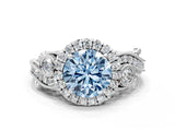 White gold Fancy Blue Round Cut Halo Diamond Ring with Milgrain and Bezel Accents on a Split Shank Band_12
