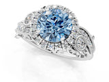 White gold Fancy Blue Round Cut Halo Diamond Ring with Milgrain and Bezel Accents on a Split Shank Band_13