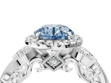 White gold Fancy Blue Round Cut Halo Diamond Ring with Milgrain and Bezel Accents on a Split Shank Band_16