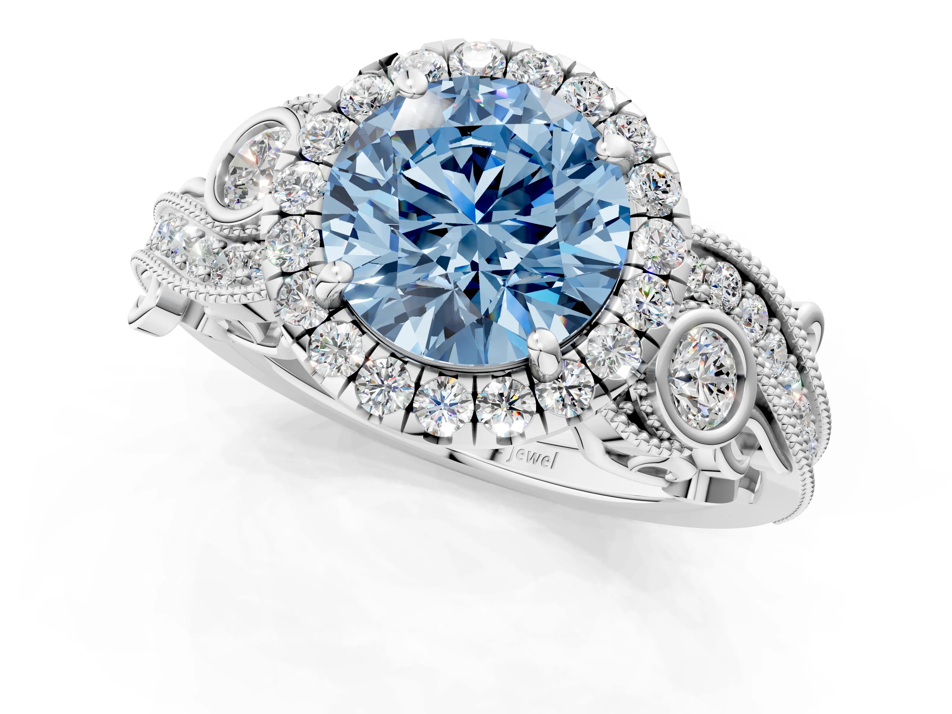 White gold Fancy Blue Round Cut Halo Diamond Ring with Milgrain and Bezel Accents on a Split Shank Band_1