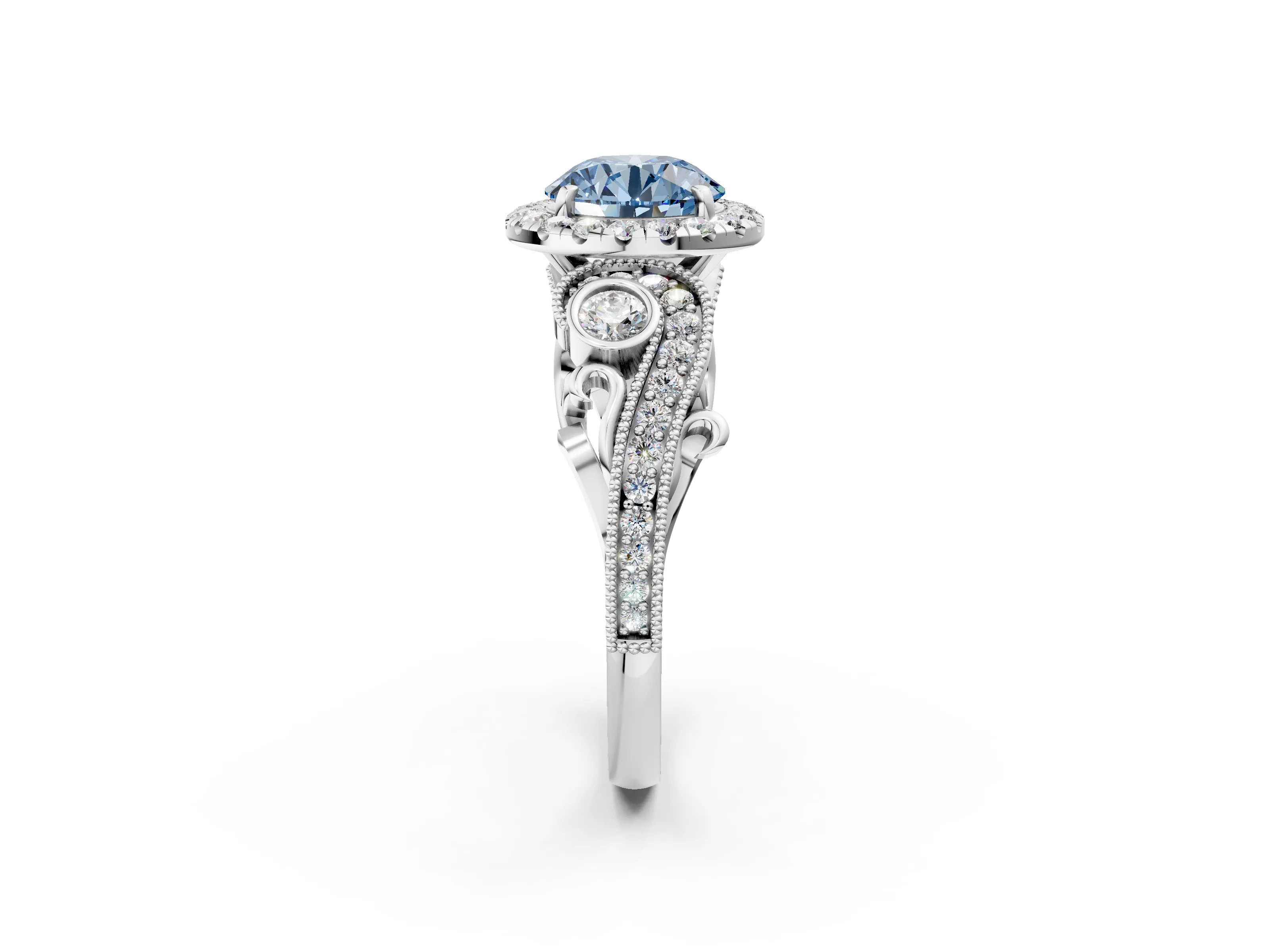 White gold Fancy Blue Round Cut Halo Diamond Ring with Milgrain and Bezel Accents on a Split Shank Band_2