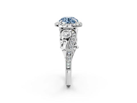 White gold Fancy Blue Round Cut Halo Diamond Ring with Milgrain and Bezel Accents on a Split Shank Band_2