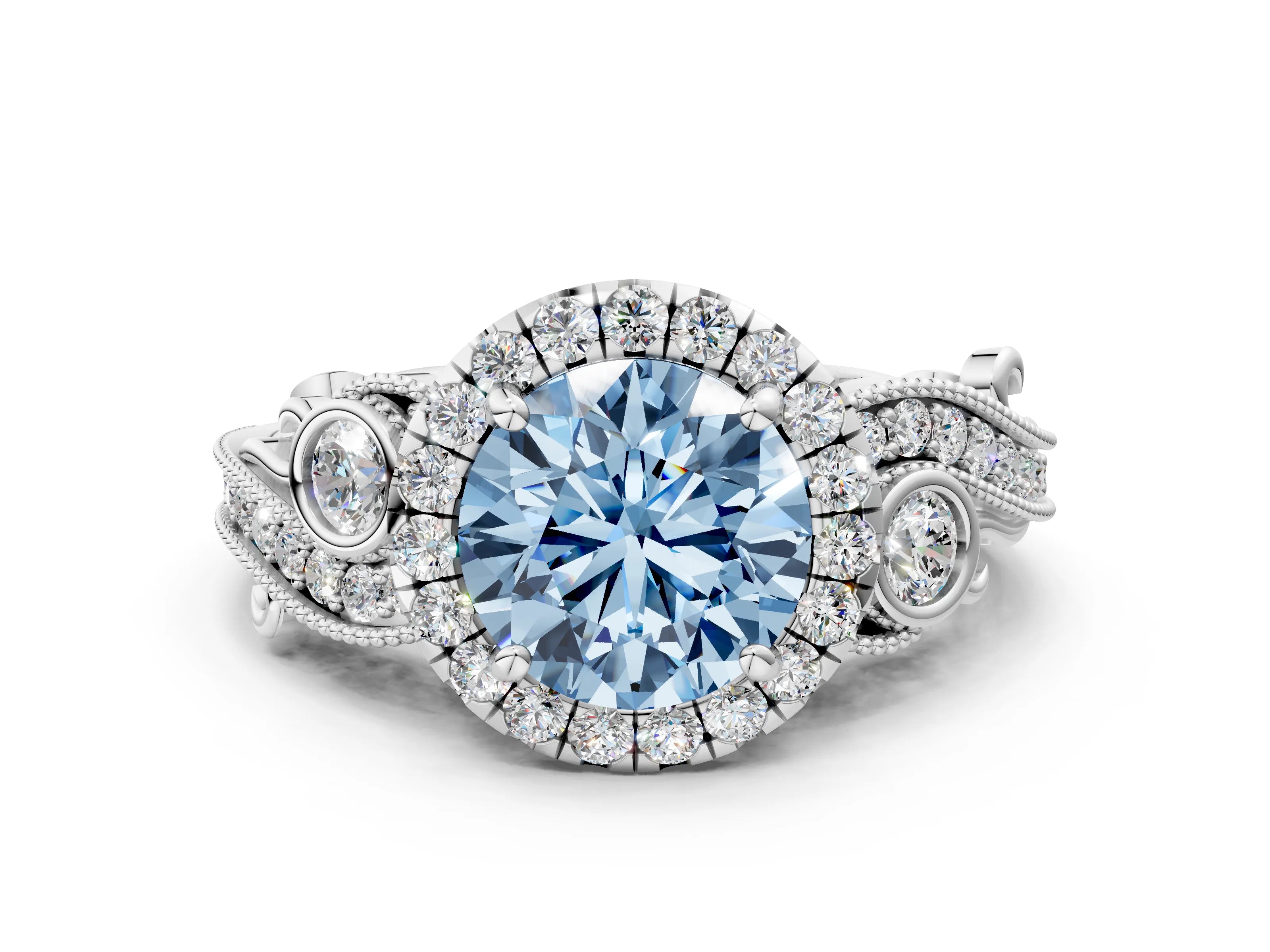White gold Fancy Blue Round Cut Halo Diamond Ring with Milgrain and Bezel Accents on a Split Shank Band