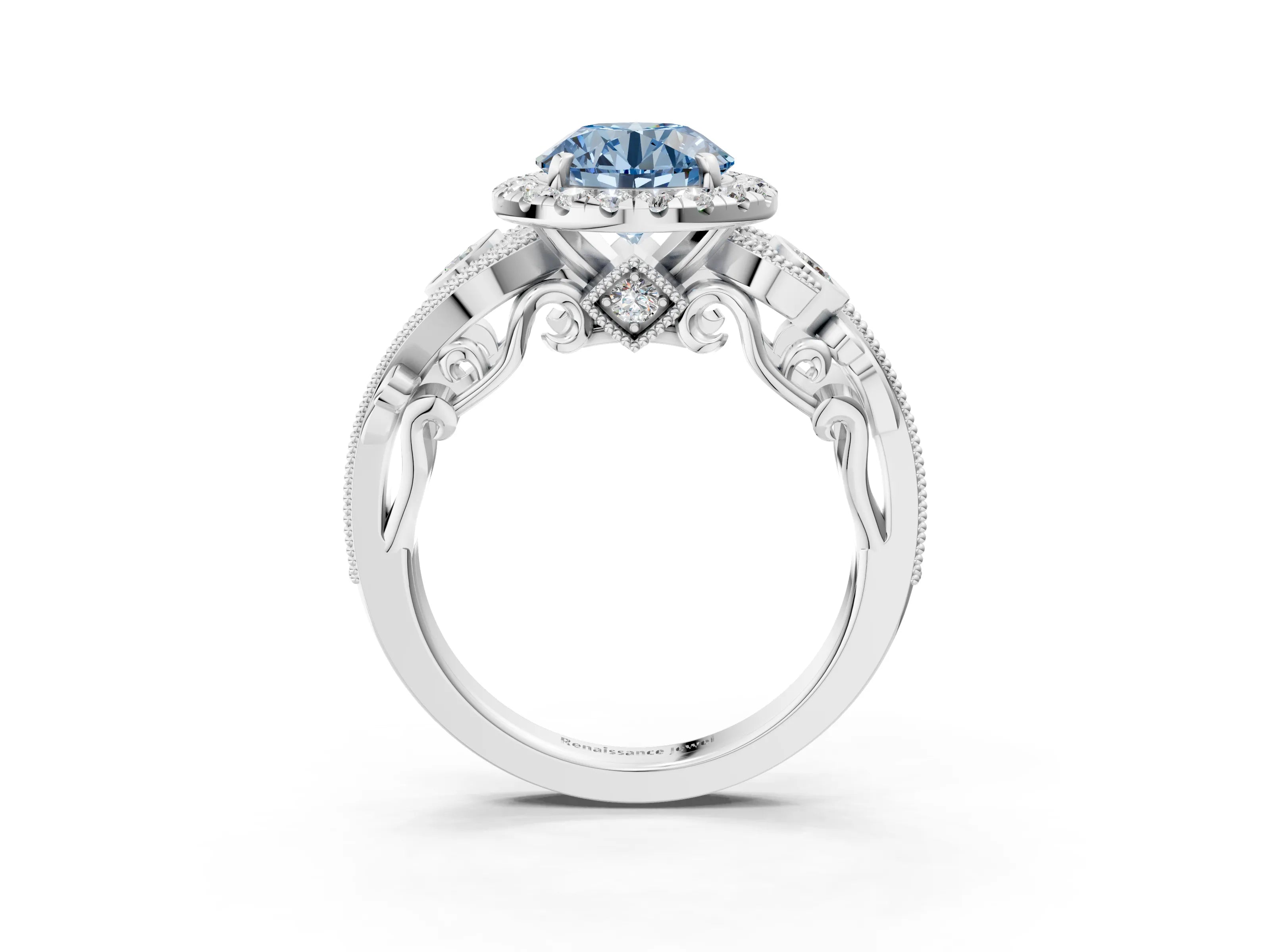 White gold Fancy Blue Round Cut Halo Diamond Ring with Milgrain and Bezel Accents on a Split Shank Band_3
