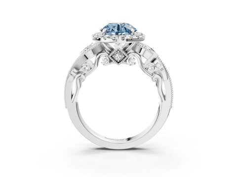White gold Fancy Blue Round Cut Halo Diamond Ring with Milgrain and Bezel Accents on a Split Shank Band_3