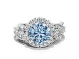 White gold Fancy Blue Round Cut Halo Diamond Ring with Milgrain and Bezel Accents on a Split Shank Band_6