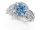 White gold Fancy Blue Round Cut Halo Diamond Ring with Milgrain and Bezel Accents on a Split Shank Band_7