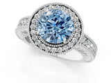 White gold Fancy Blue Round  Cut Halo Diamond Ring with Pavé Band and Four-Prong Setting_118