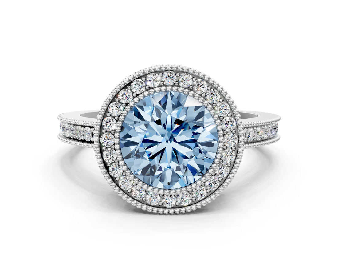 White gold Fancy Blue Round  Cut Halo Diamond Ring with Pavé Band and Milgrain Prong Setting_29