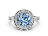 White gold Fancy Blue Round  Cut Halo Diamond Ring with Pavé Band and Milgrain Prong Setting_30