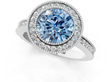 White gold Fancy Blue Round  Cut Halo Diamond Ring with Pavé Band and Milgrain Prong Setting_31