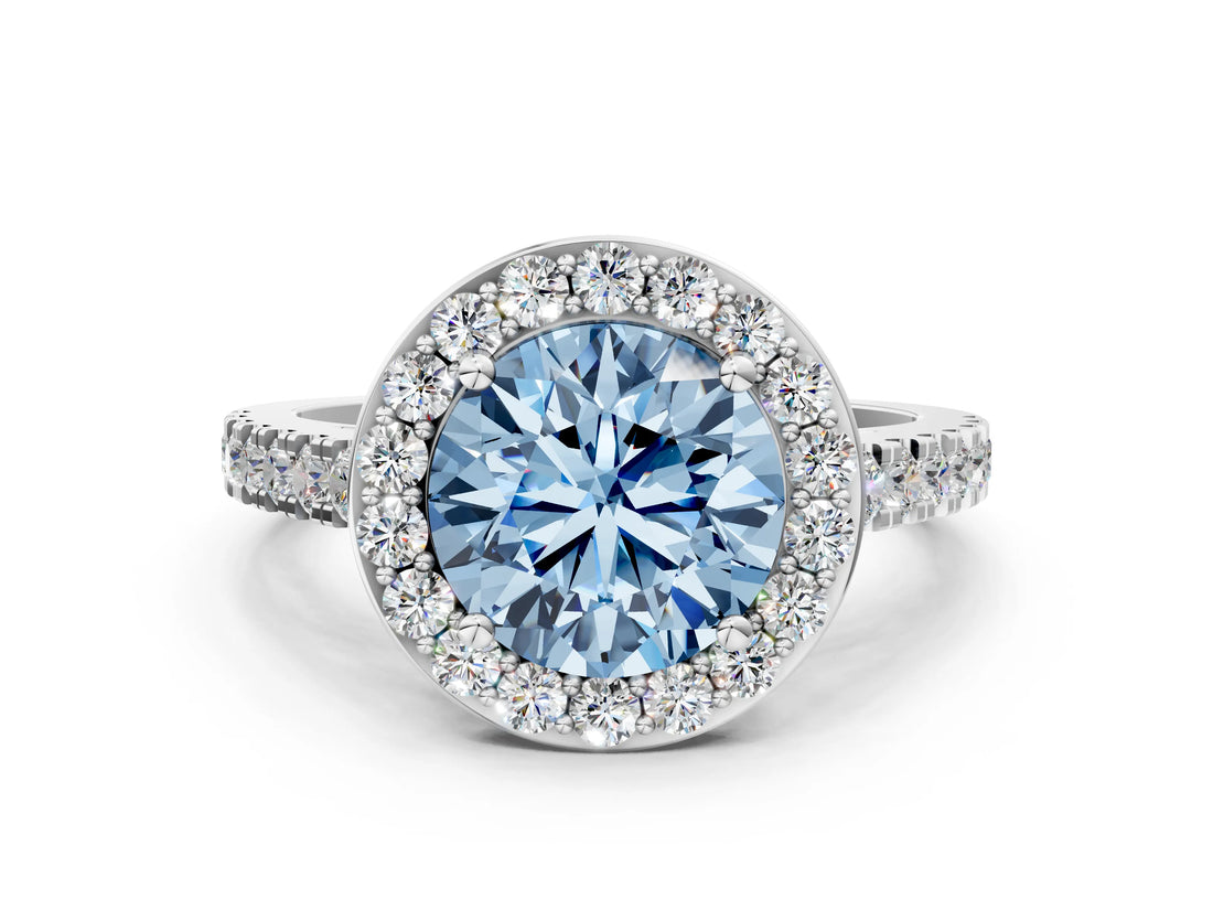 White gold Fancy Blue Round Cut Halo Diamond Ring with Pavé Band and Three-Prong Setting_12