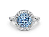 White gold Fancy Blue Round Cut Halo Diamond Ring with Pavé Band and Three-Prong Setting_12