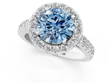White gold Fancy Blue Round Cut Halo Diamond Ring with Pavé Band and Three-Prong Setting_13