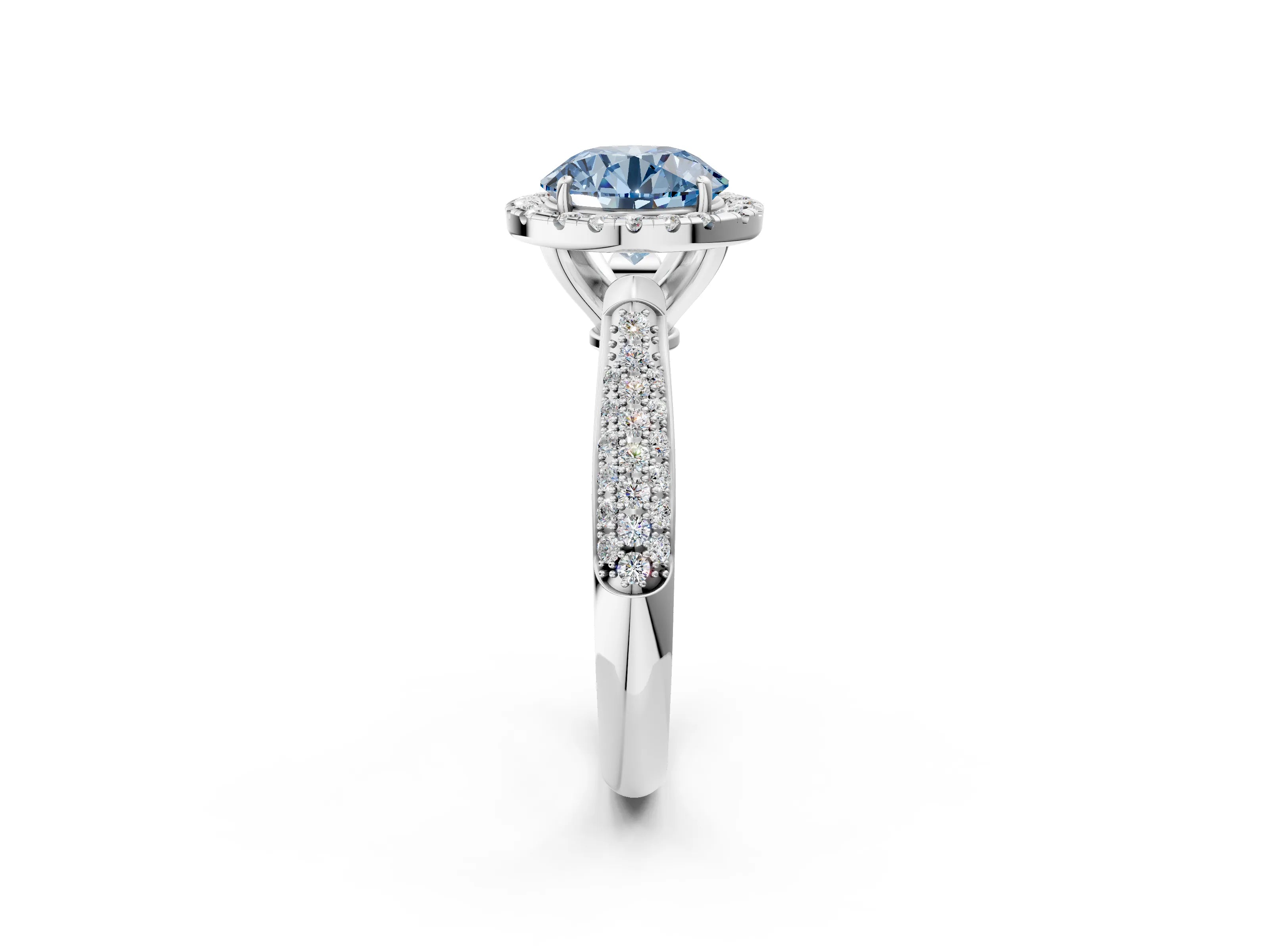 White gold Fancy Blue Round Cut Halo Diamond Ring with Pavé Band_2