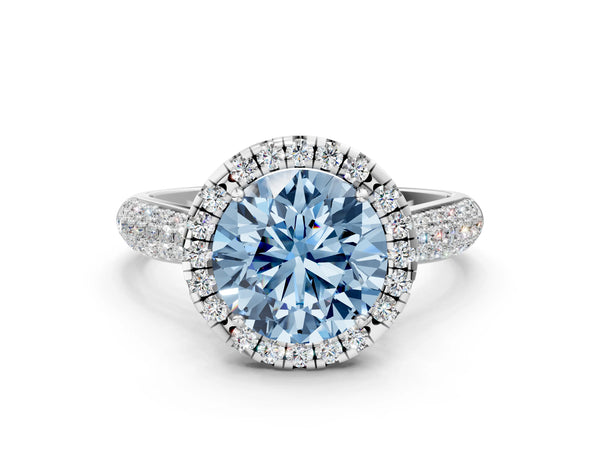 Platinum Fancy Blue Round Cut Halo Diamond Ring with Pavé Band