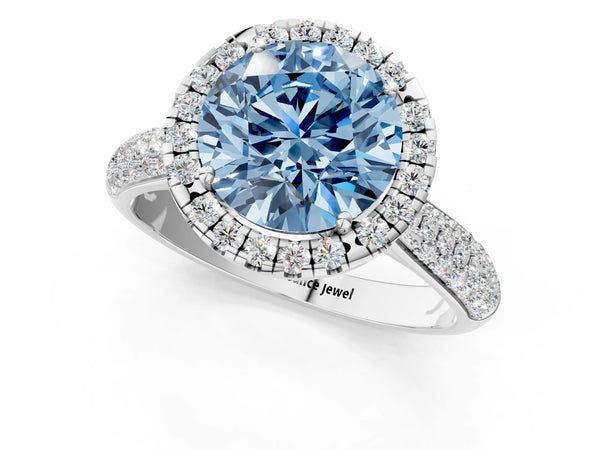 Platinum Fancy Blue Round Cut Halo Diamond Ring with Pavé Band