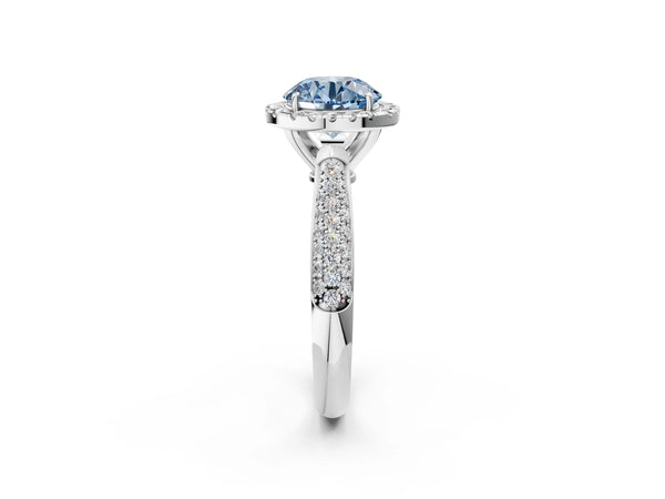 Platinum Fancy Blue Round Cut Halo Diamond Ring with Pavé Band